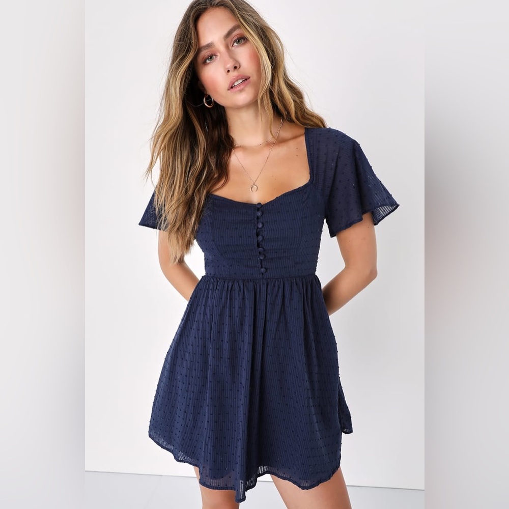 NWT Adoring Energy Navy Blue Swiss Dot Flutter Sleeve Mini Dress